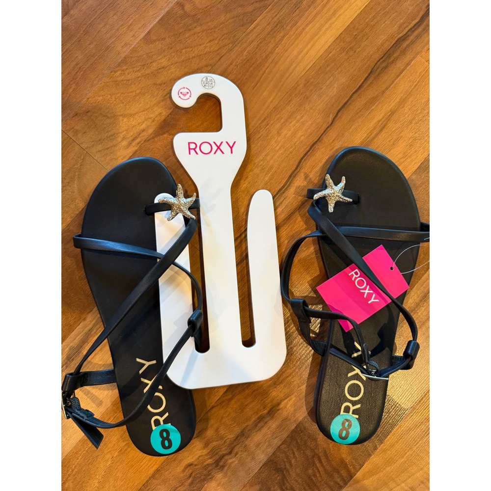 Roxy Sandals Women Size 8 Black New Starfish Strappy Ankle Strap Flat Beach Shoe